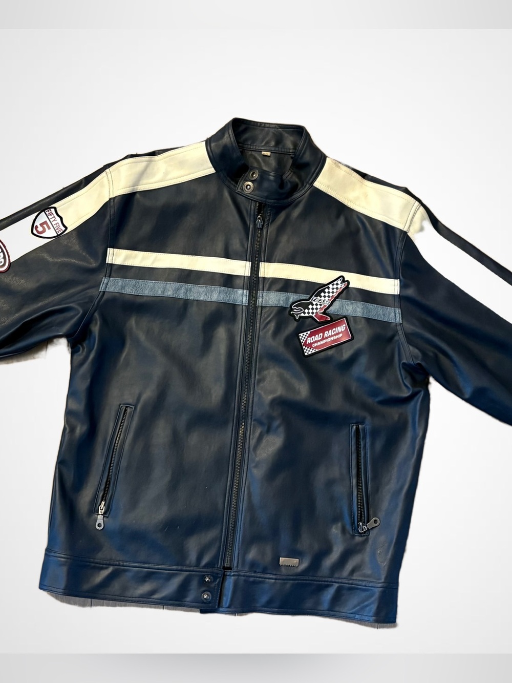 Men's Navy blue Leather Racing Jacket with Cream Accents